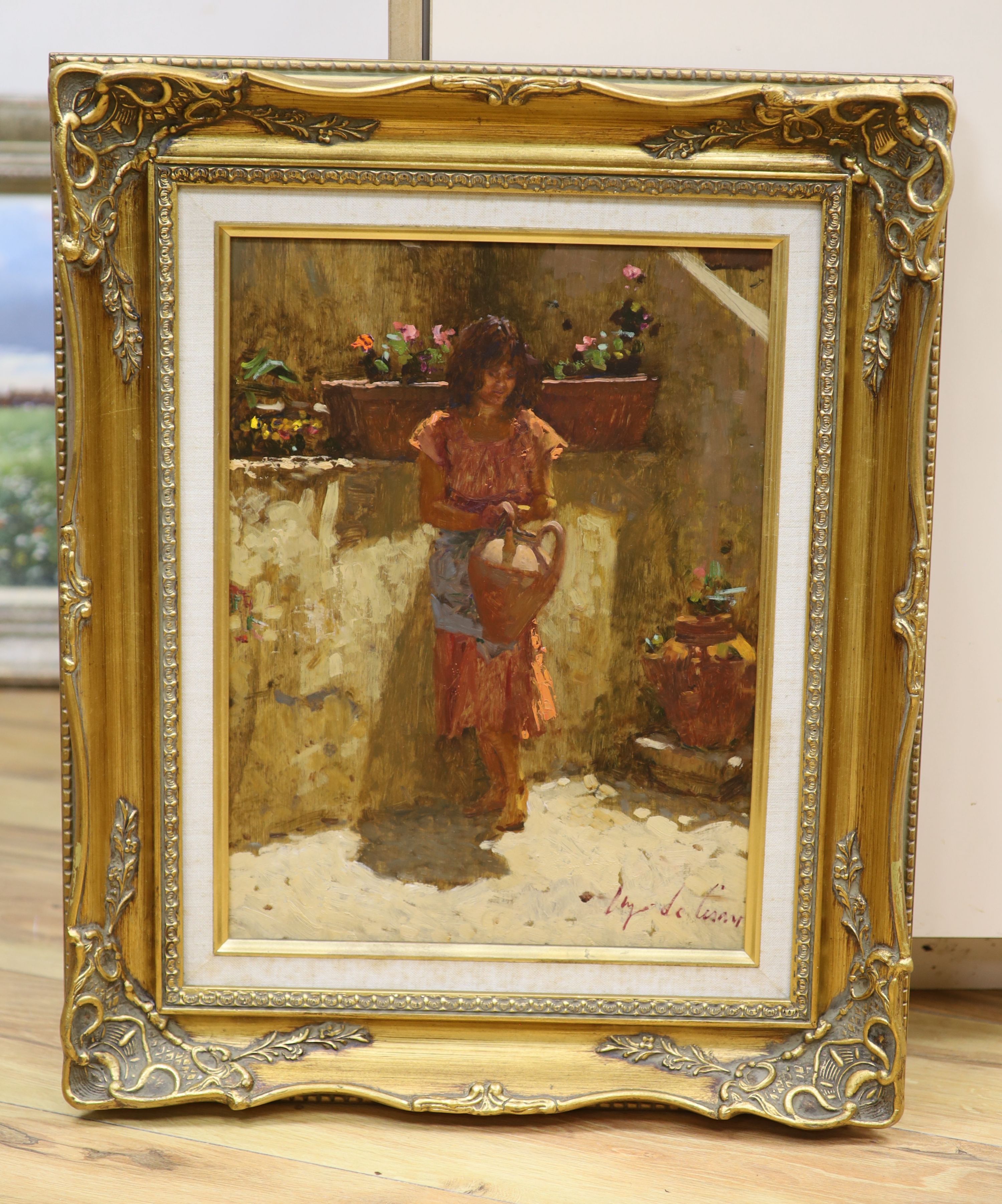 L. De. Cesar, oil on panel, Italian girl at the well, signed, 40 x 30cm